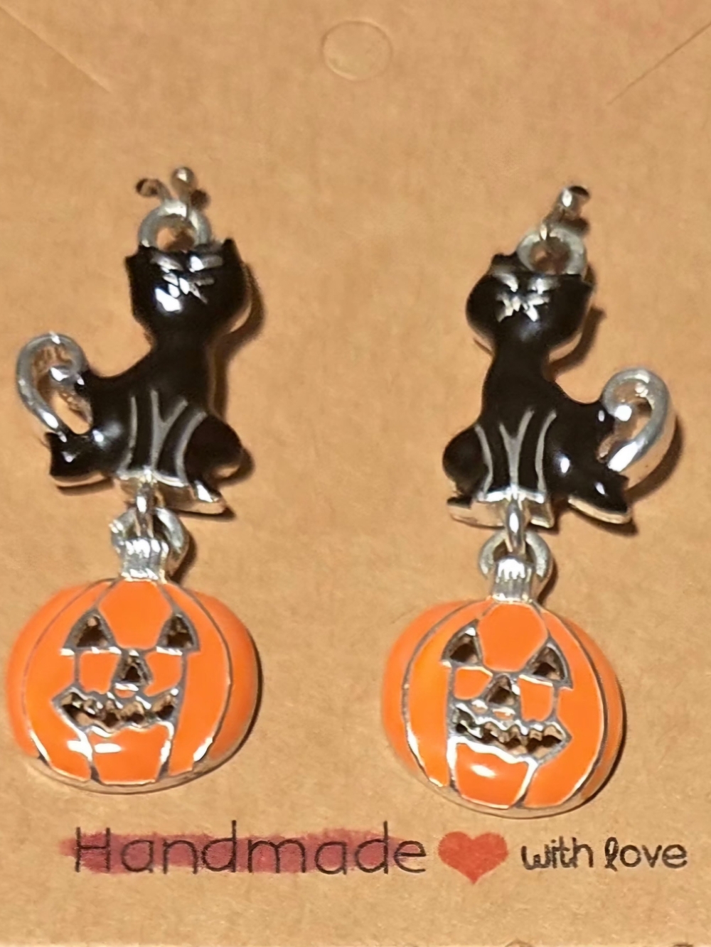 Fashion Jewelry Black and Orange Cat Pumpkin Dangle Earrings